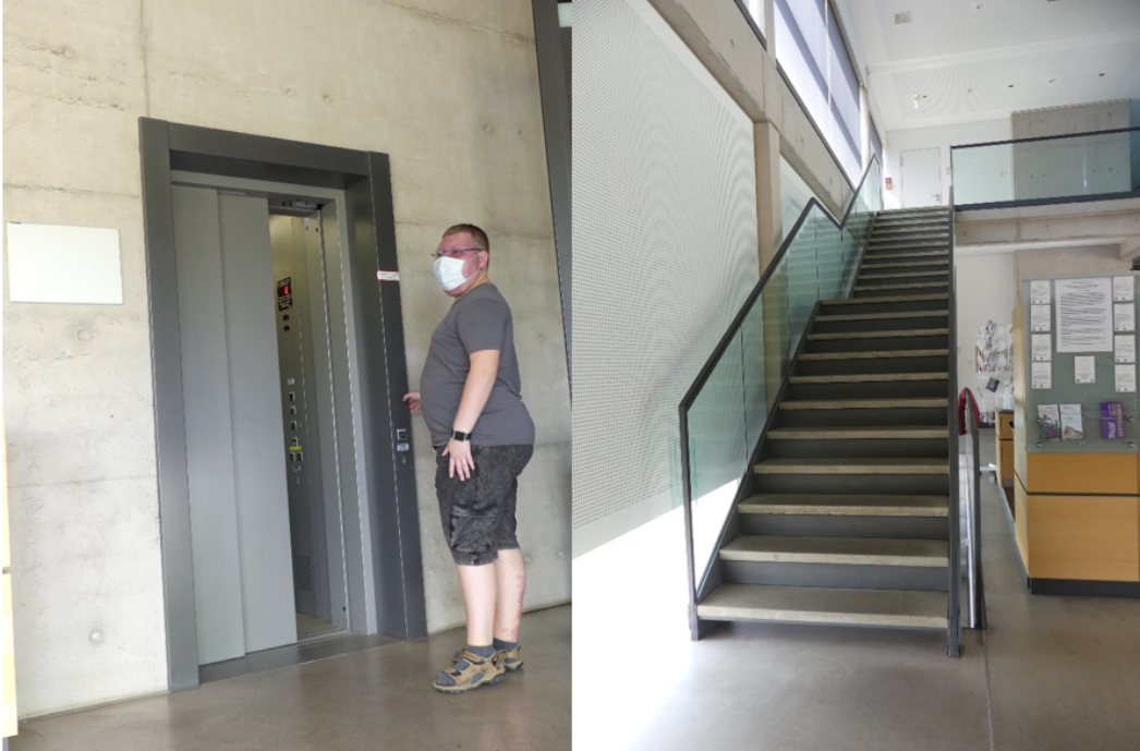 2 photos: on the left a visitor in front of the elevator entrance on the first floor of the museum building. On the right, the stairs next to the visitors registration desk.