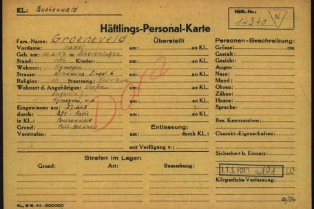Häftlings-Personal-Karte von Hessel Louws Groeneveld aus dem KZ Buchenwald