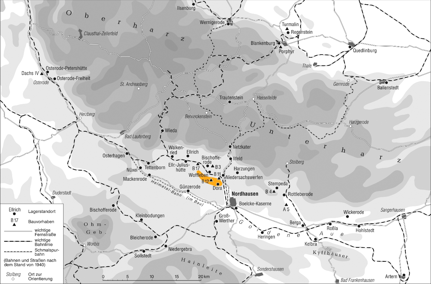 Karte der Region um den Kohnstein mit eingezeichneten Standorten der KZ-Außenlager sowie geplanter Bauvorhaben der Rüstungsindustrie