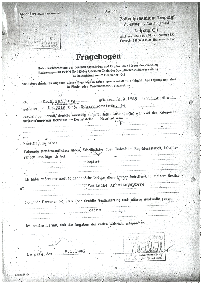 Fragebogen des Polizeipräsidiums Leipzig an einen Betrieb über dort eingesetzte ausländische Zwangsarbeiter, Seite 1, 1946