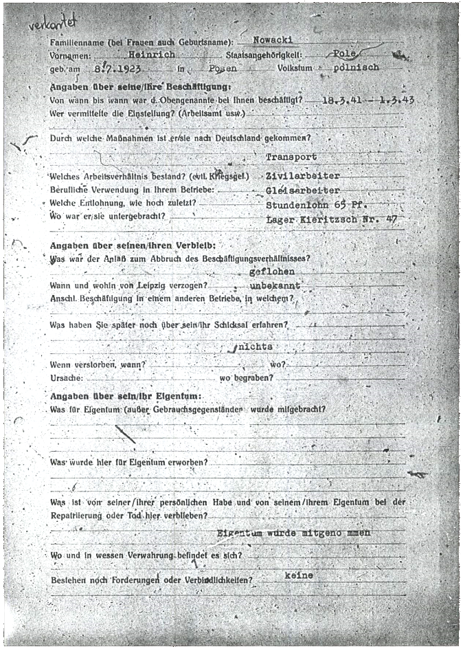 Fragebogen des Polizeipräsidiums Leipzig an einen Betrieb über dort eingesetzte ausländische Zwangsarbeiter, Seite 2, 1946