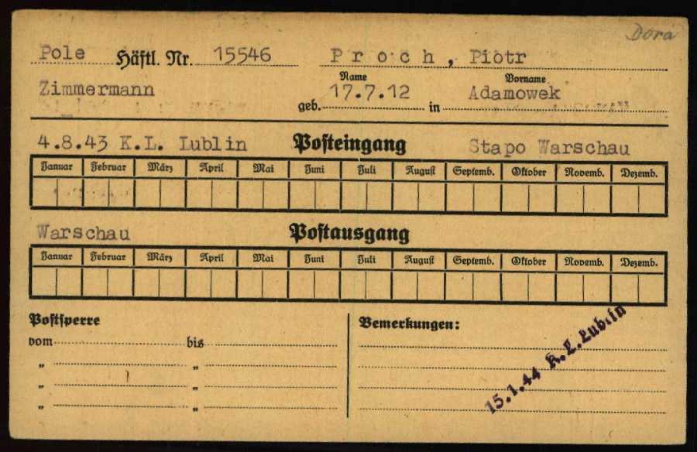 Postkontrollkarte von Piotr Proch aus dem KZ Buchenwald mit dem Hinweis auf seine Überstellung nach Dora (oben rechts)