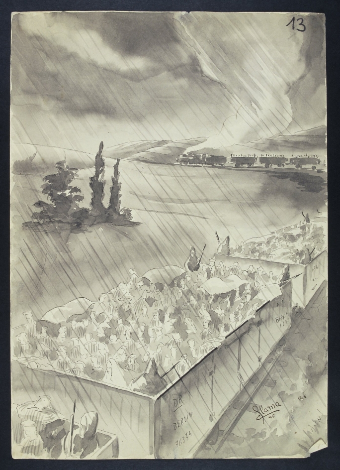 A pencil drawing showing open freight cars. Prisoners are standing close to each other in the wagons. The train is going around a curve in the background, which makes the length of the train and the large number of wagons clear.