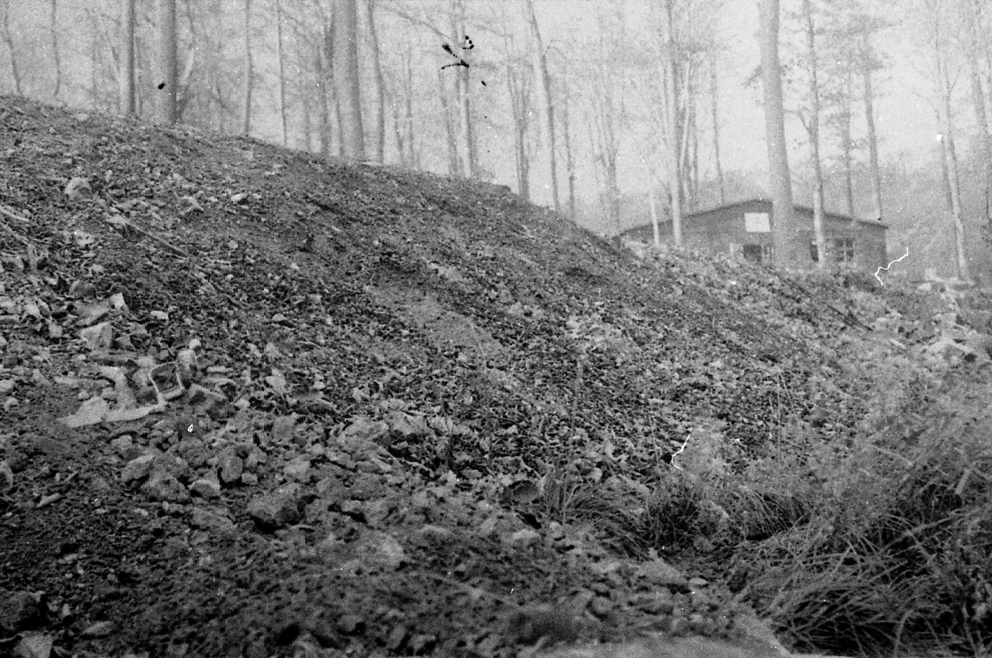 Der Hang eines Hügels, der mit Asche und Knochenteilen übersät ist. Im Hintergrund der Krematoriumsbau, der teilweise von Bäumen verdeckt ist.