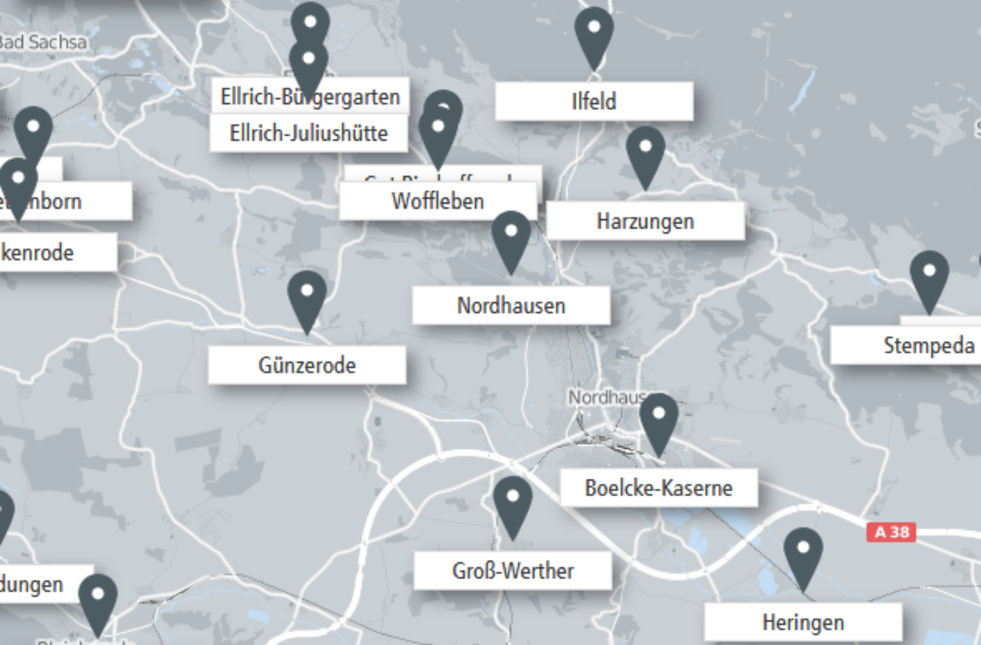 A section of a map of the surroundings of Nordhausen in Thuringia. Several locations are marked.