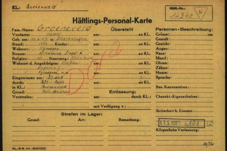 Inmate Registration Card of Hessel Louws Groeneveld from the Buchenwald Concentration Camp