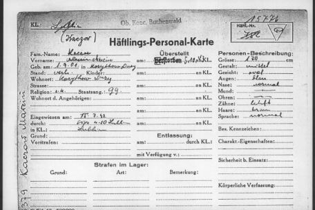 Inmate Registration Card of Marcin Kaczor from the Lublin Concentration Camp