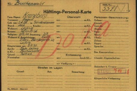 Inmate Registration Card of August Kroneberg from the Buchenwald Concentration Camp
