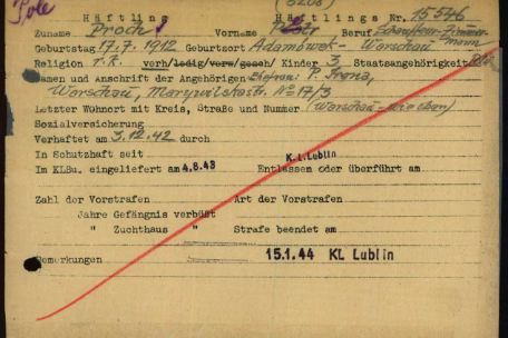 Inmate Registration Card of Piotr Proch from the Buchenwald Concentration Camp