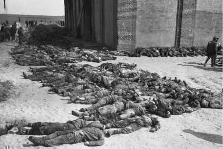 The photo shows hundreds of murdered concentration camp inmates lying side by side.