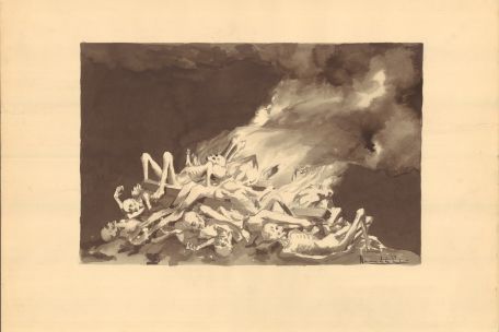 Watercolor drawing showing a pile of emaciated prisoner corpses which was set on fire. The flames and smoke are blown to the right.
