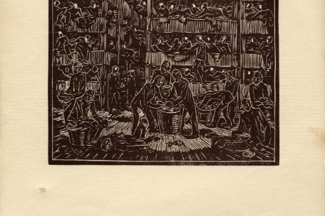 The woodcut shows the cramming of the prisoners on the cots, the narrowness and crowdedness in the tunnels. The people are drawn as silhouettes, without individual features; often only white dots mark their heads, the faces are not recognizable. Individual situations are singled out from this amorphous mass: someone is defecating over a barrel, a dead man is lying in front of it, a man is scraping out a food bucket, another is eating on the floor.