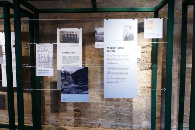 Exhibition wall in the special exhibition "Flight". It is a composite of historical images and text materials stretched in a metal frame.