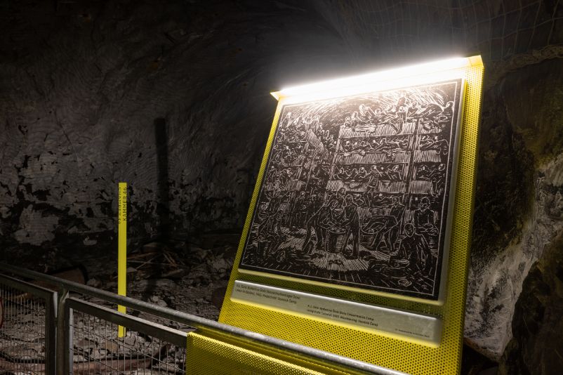 The photo shows a reproduction of a woodcut by Dominik Černý at the entrance to chamber 46.