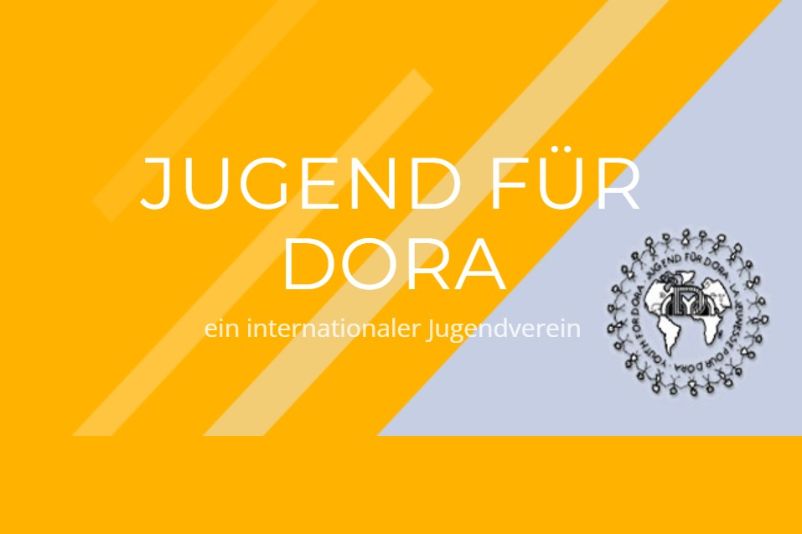 The illustration shows the logo of the support association "Jugend für Dora e.V.". A rough illustration of all continents is surrounded by a circular chain of stick figures holding hands. 