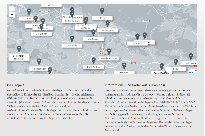 Ein Screenshot der interaktiven Karte von der Umgebung Nordhausens, in der zahlreiche Außenlager gekennzeichnet sind.