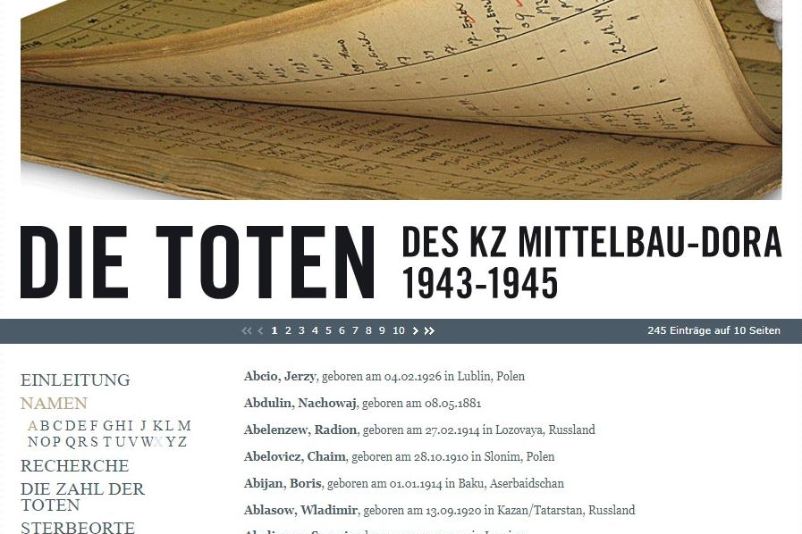 A screenshot of the KZ Mittelbau-Dora online death book home page. A photo shows a yellowed book. A gloved hand lifts some leaves. The pages are labeled with long lists. 