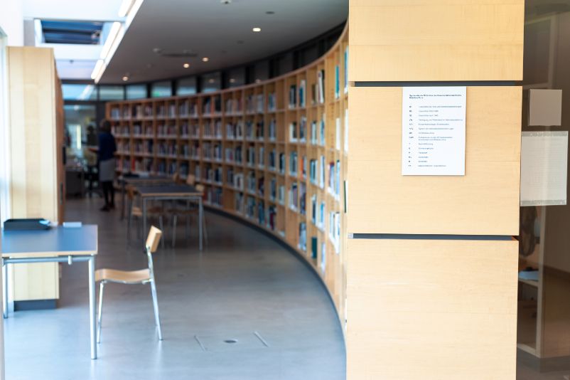 Zu sehen ist der Bibliothekskorridor, der sich durch eine geschwungene Regalwand auf der rechten Seite auszeichnet. Rechts im Bild ist eine Tafel angebracht, die die Systematik der Bibliothek erklärt.